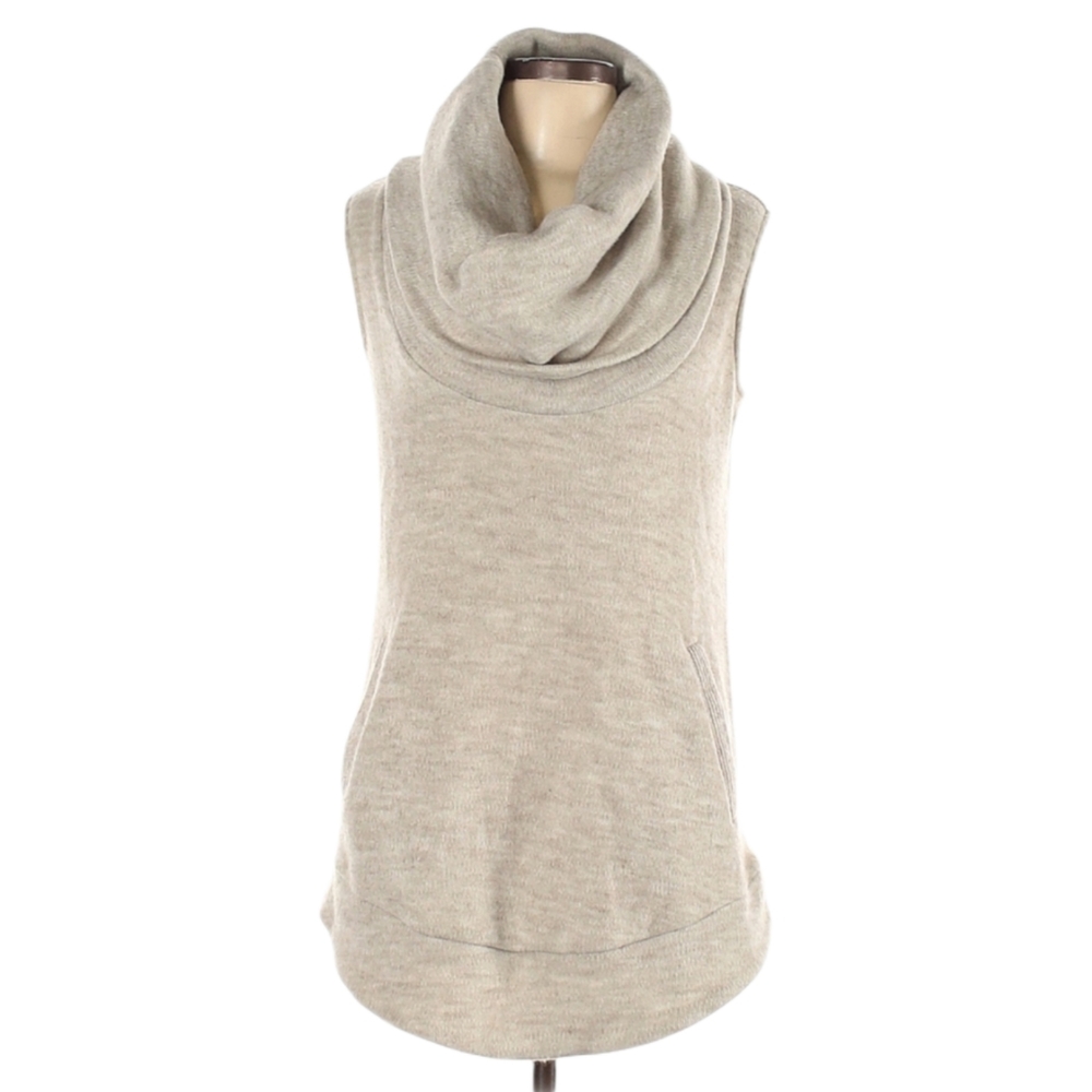 ZOA Pullover Sleeveless Sweater Size M Cowl Neck Side Pockets Longer Length Tan